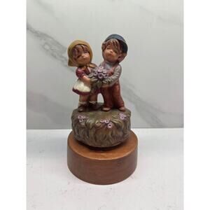 Vintage Hummel Style Louise Girl Boy Flowers Wind Up Rotating Musical Figurine